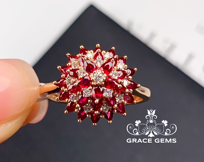 Custom real ruby engagement ring/Unique Mozambique 18k rose gold ruby ring with diamond/Handmade ring promise ring/Bridal ring/Mother's Day