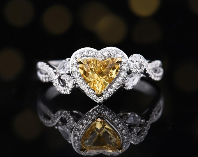 Natural Yellow Diamond Heart Ring: 18k White Gold Halo Engagement Ring