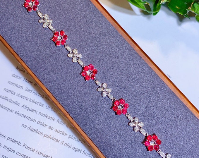 Genuine Ruby Bracelet in 18K white Gold and diamonds/Unique Natural ruby bracelet/Anniversary Birthday stone ruby jewelry/Handmade ruby gift