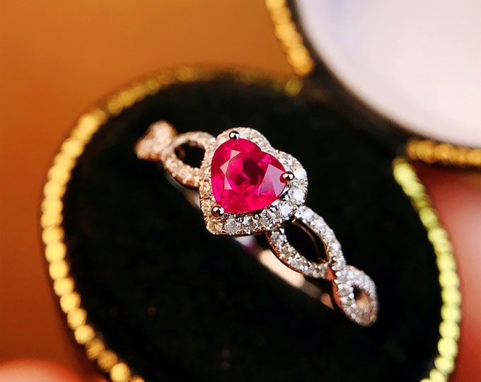 18k Rose Heart Shape Gold Natural Pigeon Blood Ruby Ring/Genuine Halo Engagement Wedding Ruby Ring in diamonds/Mozambique certified gift