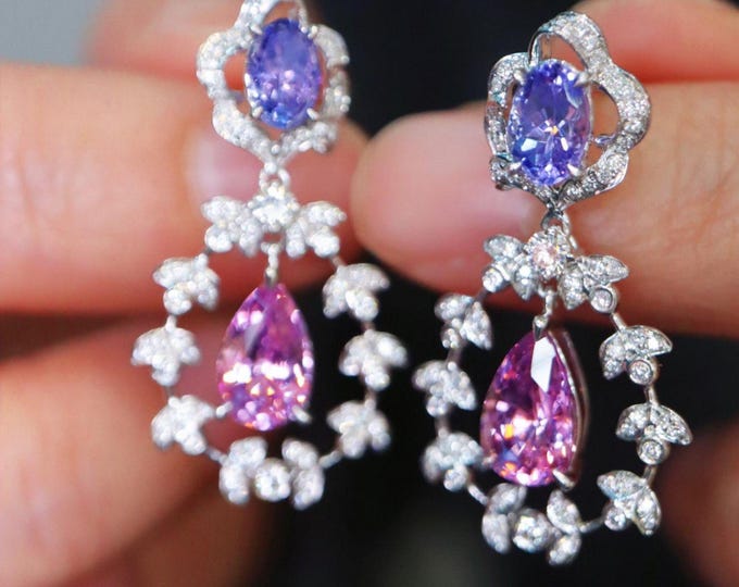Lavender & Pink Spinel Tanzanite Earrings-18K White Gold Dangle Earrings • Natural Spinel Statement Earrings • Fine Luxury Gemstone Jewelry