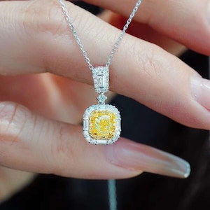 High end 18k white gold natural yellow diamond necklace/Real Natural yellow diamond pendant/Quality diamond halo pendant/yellow diamond gift