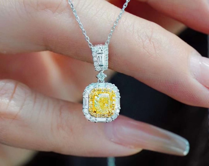 High end 18k white gold natural yellow diamond necklace/Real Natural yellow diamond pendant/Quality diamond halo pendant/yellow diamond gift