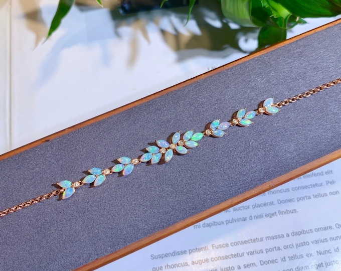 Genuine Australian opal bracelet in 18k rose gold/Unique handmade opal jewelry for her/Art Deco custom opal bracelet/Opal anniversary gift