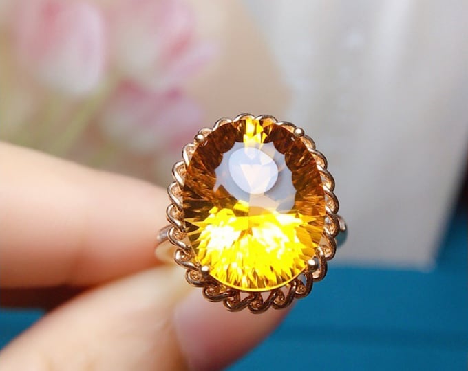 18k rose gold natural Citrine engagement wedding ring with diamonds/Genuine Citrine Promise ring/Gift for her/Birthday gift/Birthstone ring