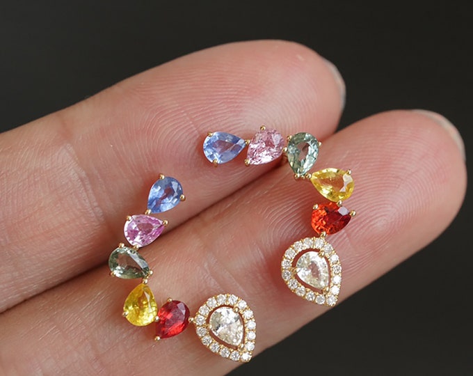 18k Solid White Gold Multi-color Genuine Sapphire studs with diamonds/Sri Lanka Cluster Sapphire earrings/Unique Special Designer earrings