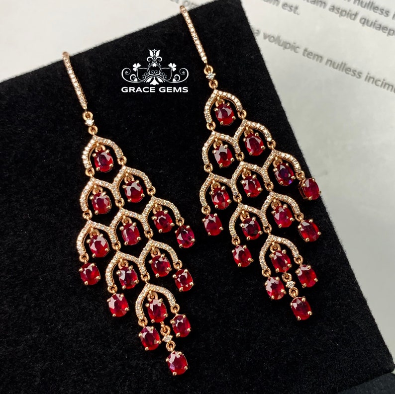 18k Rose Gold Ruby Chandelier Ruby Earrings-art Deco Diamond Ruby ...