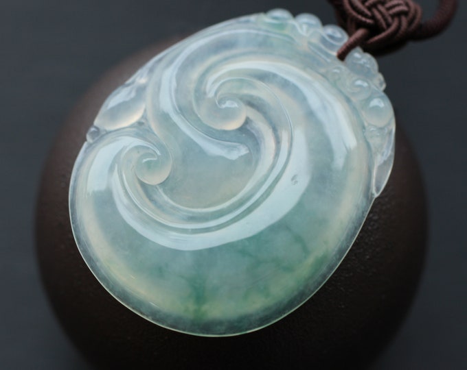 Luxurious hand carved Natural Myanmar Vivid Green Jadeite Pendant with designer Hand knitting Rope/One of a kind Anniversary/Untreated Jade