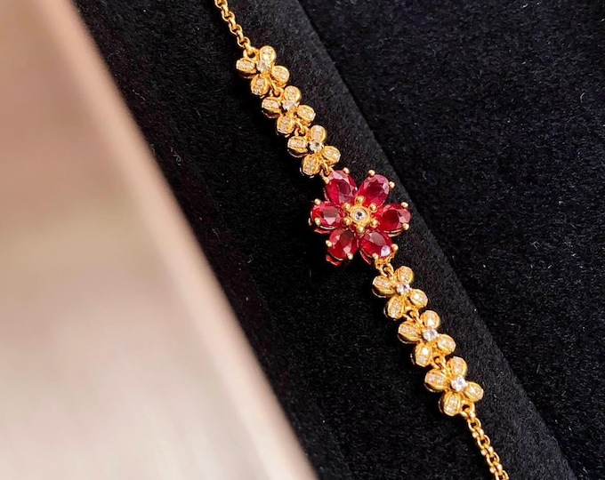 Handmade 18K White Gold Ruby Bracelet: Diamond Flower Ruby Jewelry/museum quality,Burmese ruby,Mozambique ruby,bespoke jewelry,high end gift