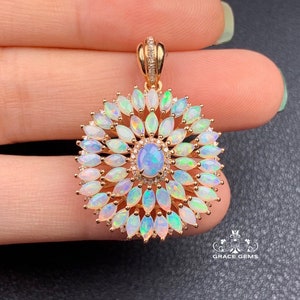 18K Rose Gold Unique Shape Ethiopian White Opal Pendant with Authentic Diamonds/Raw Stone Boulder Fire Opal Necklace/Dragon Breath Opal