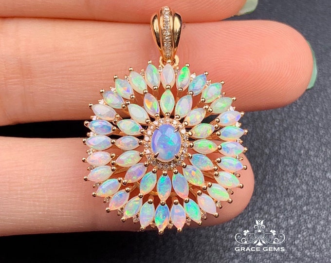 18K Rose Gold Unique Shape Ethiopian White Opal Pendant with Authentic Diamonds/Raw Stone Boulder Fire Opal Necklace/Dragon Breath Opal