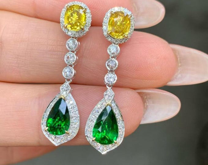 Unique natural tsavorite green garnet dangle earrings with natural yellow sapphires tops/18k white gold green tsavorite earrings women gift