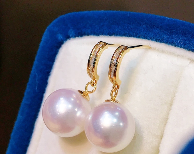 9mm 18k gold Real Black Sea Pearl Earrings/Engagement wedding pearl studs with diamond/Certified Pear handmade earrings anniversary gift