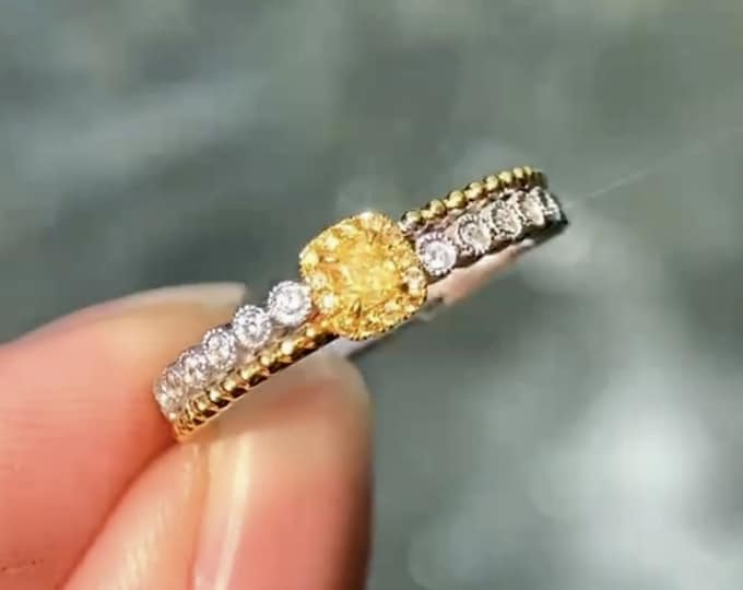 18k white natural yellow diamond engagement ring/diamond accent yellow diamond/Promise ring for her/Art Deco yellow diamond gift for women