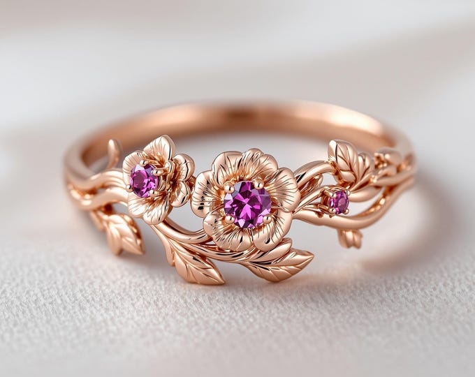 Unique Nature inspired natural Padparadscha Sapphire twig ring in 18k rose gold/handmade floral branch purple pink sapphire engagement ring
