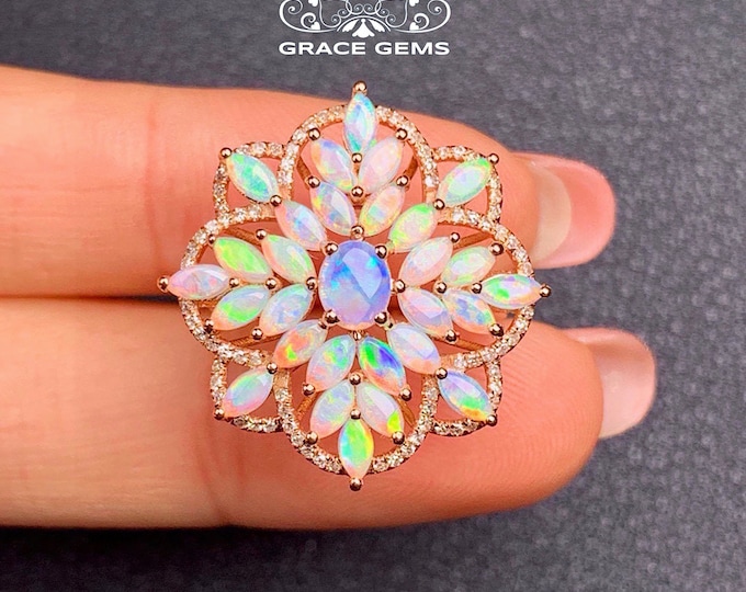 Snowf9lake Natural Australian Opal Ring in Solid 18k/14k Rose Gold with Diamonds/Fire Opal ring/Boulder Opal Engagement ring/Raw Opal ring