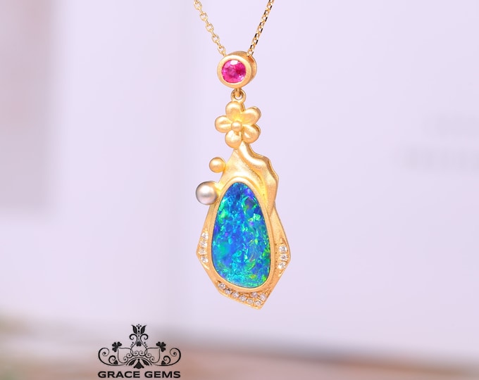 Genuine Australian Black Opal Pendant in 18k gold with Diamond Tourmaline & Black Pearl/Boulder Opal Necklace/Anniversary Birthday Choker