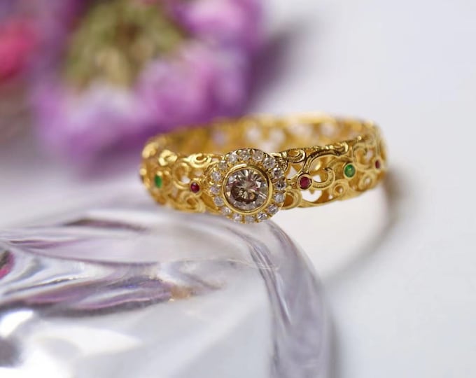 Designed Custom Multi-stone 18k gold Diamond Ring with rubies and emeralds/Over time Engagement Ring/Promise Band/Eternity Wedding Band gift