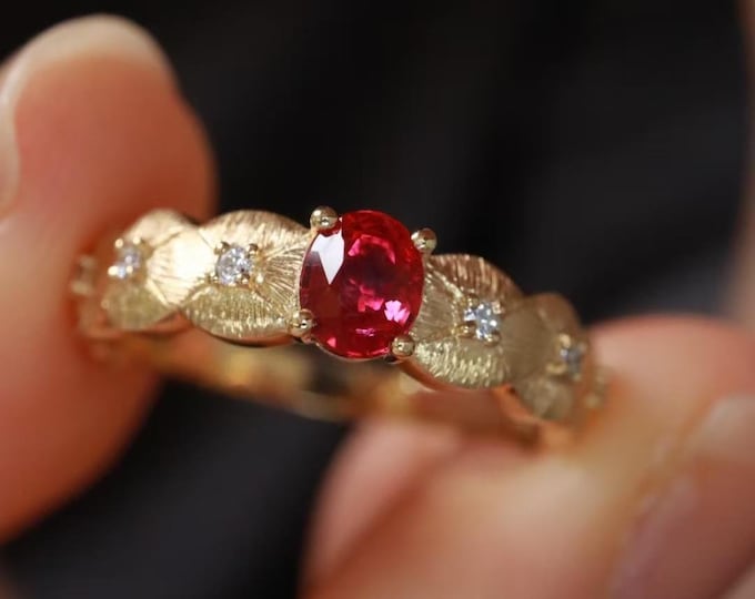 18k rose gold Mozambique natural ruby engagement ring women/art deco ruby wedding ring/Genuine ruby fine jewelry/Custom ruby anniversary