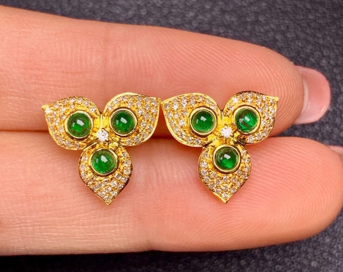 Genuine Natural Emerald Earring Studs in 18k Solid Yellow gold with diamonds/Halo emerald earrings/Unique quality handmade emerald jewelry