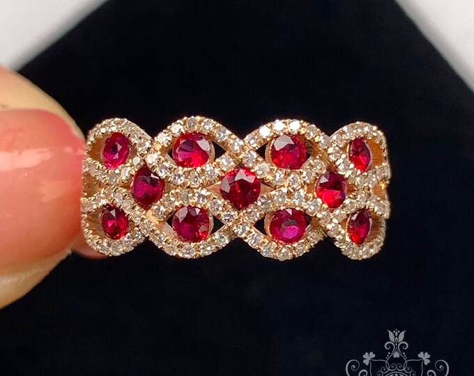 18k rose Gold ruby ring/Natural Engagement Ring with Diamonds/halo ruby wedding ring/Vintage Handmade jewelry ring for women Bridal set/boho