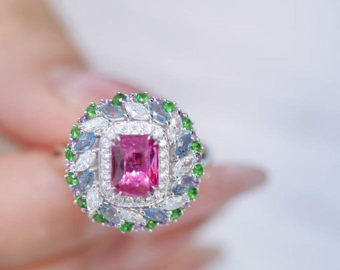18k white gold multi-stone Genuine Padparadscha sapphire engagement ring with diamonds Aquamarines and green garnet tsavorites/Pink gemstone