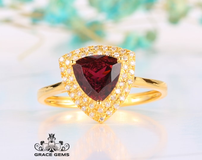 18kTriangle Tourmaline ring/One of a kind unique engagement wedding ring with diamonds/Art Deco dark red stone/Her handmade promise jewelry