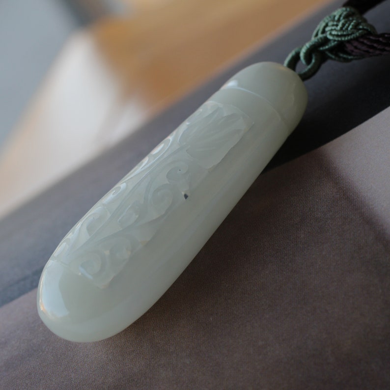 Natural white jade hollow-carved pendant Hand-carved jade pendant/White jade necklace/Unique carved jade diffuser/Vintage white jade pendant image 5