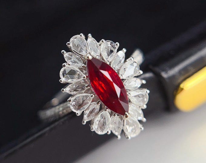 Unheated marquise cut pigeon blood red natural ruby & diamond cluster halo ring 18k white gold/Luxury statement ruby ring women