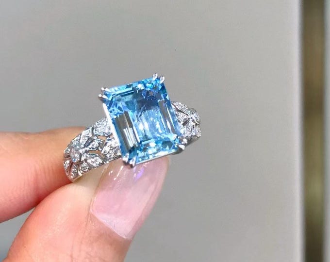 18k solid white gold natural Santa Maria aquamarine ring/Diamond paved aquamarine engagement ring/Aquamarine solitaire fine ring for women
