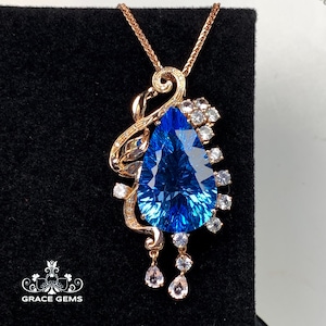 Unique Natural London Blue Topaz Pendant in 18k Rose Gold and White Sapphires Diamonds/Anniversary Birthday Choker/Best Friend gift for her
