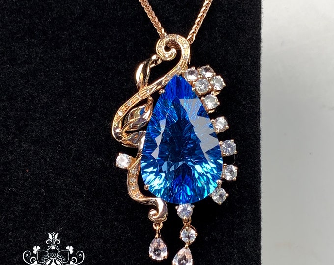 Unique Natural London Blue Topaz Pendant in 18k Rose Gold and White Sapphires Diamonds/Anniversary Birthday Choker/Best Friend gift for her