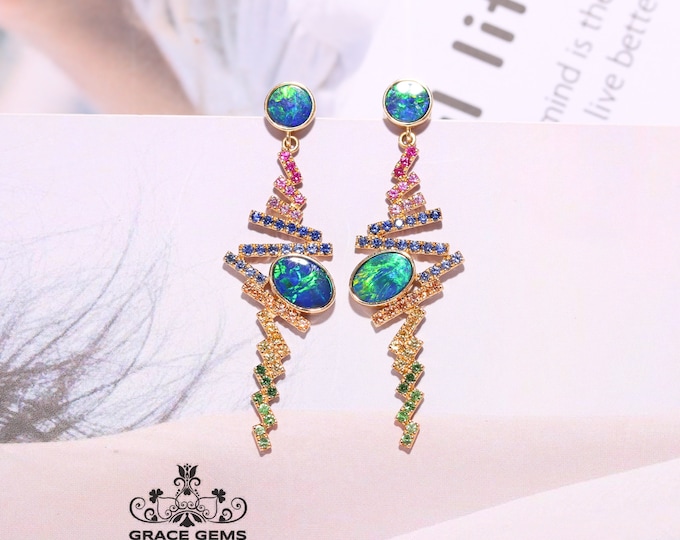 Genuine Australian Black Opal drop Stud in Solid 18k Rose gold with sapphires and rubies/Raw Opal Dangler/Natural Opal Anniversary gift