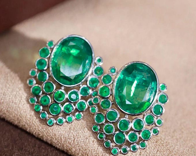 Unique cluster natural emerald studs in 18k solid white gold/handmade custom emerald earrings/chunky statement emerald fine jewelry birthday