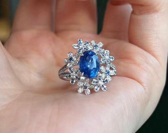 18k white gold natural sapphire ring/Natural sapphire floral ring/unique handmade fine sapphire jewelry/gold sapphire engagement ring women