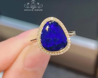 Unique Natural Australian Blue Opal Ring and solid 18k/14k Rose Gold&Diamond/Boulder Opal Engagement Wedding Band/Raw Opal/Mother&#39;s Day gift