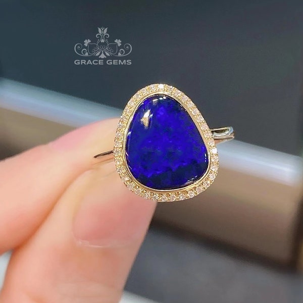 Australian Blue Opal Ring: 18k Rose Gold Diamond Halo opal engagement ring for her/Boho opal ring/Birthstone opal jewelry.Boho opal custom