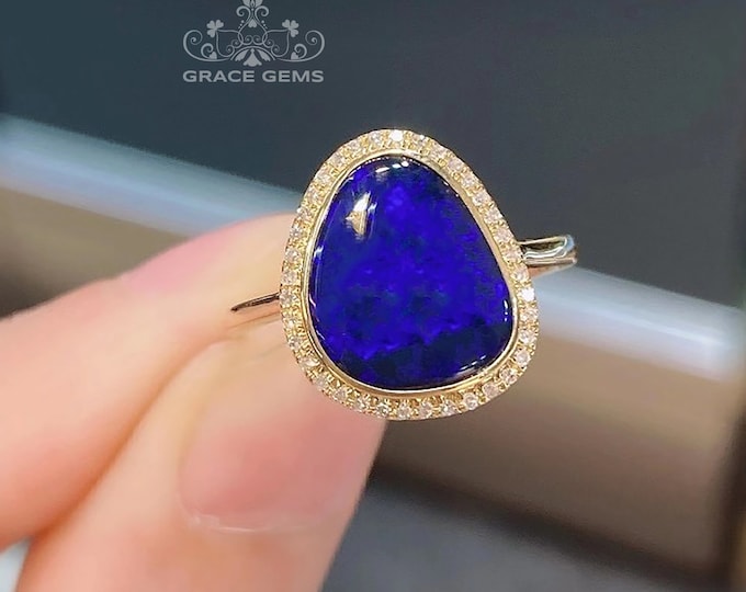 First Payment for Tracy-Unique Natural Australian Blue Opal Ring in Solid 18k/14k Rose Gold&Diamond/Fire Opal ring/Boulder Opal Engagement