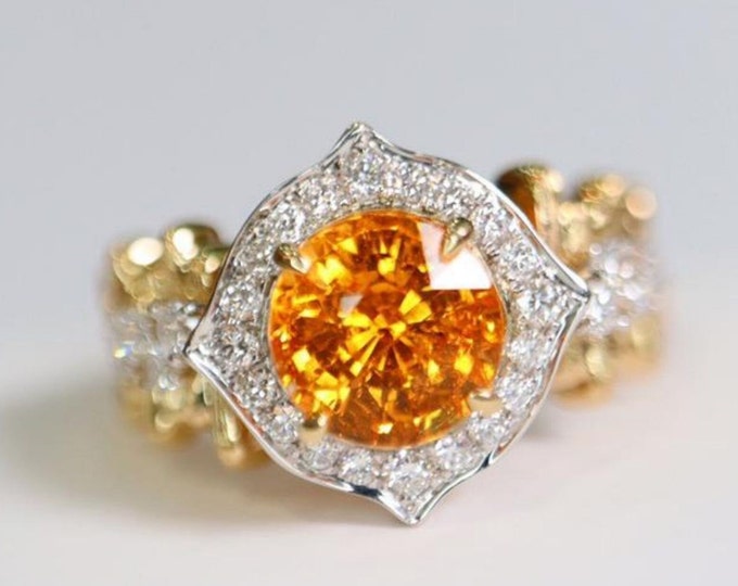 18k gold vintage Natural Fanta ring/Natural orange garnet ring/Diamond Fanta Ring/Unique fanta ring/Luxuriou fanta ring/Vintage fanta ring