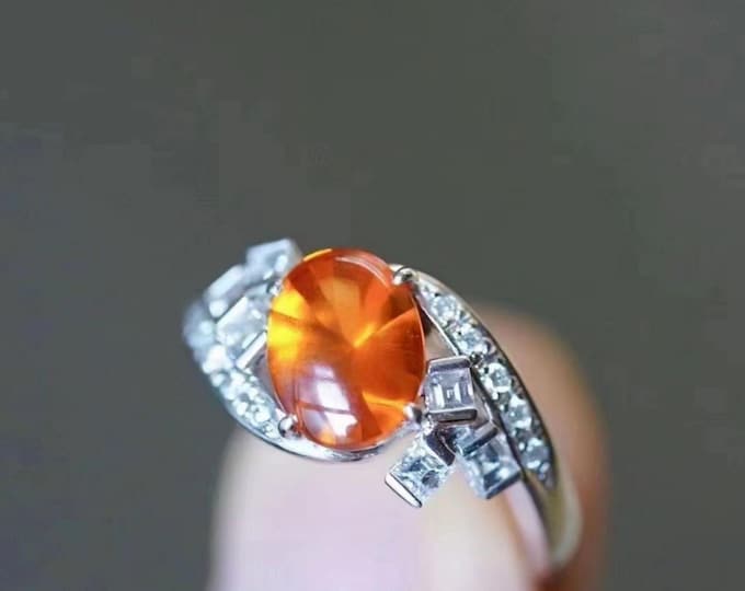 18k White Gold Vintage Natural Orange Garnet ring/Handmade Fanta Engagement ring/Unique Art Deco Fanta promise ring/gift for her/Custom ring