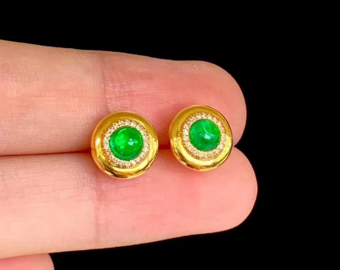 Genuine Natural Emerald Earring Studs in 18k Solid Yellow gold with diamonds/Halo emerald earrings/Unique quality handmade emerald jewelry