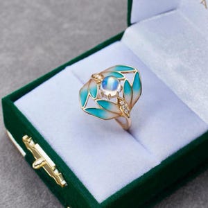 Unique ememal natural moonstone ring/leaf nature inspired moonstone ring women/handmade art deco moonstone ring birthstone anniversary gift