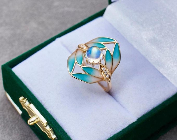 Unique ememal natural moonstone ring/leaf nature inspired moonstone ring women/handmade art deco moonstone ring birthstone anniversary gift
