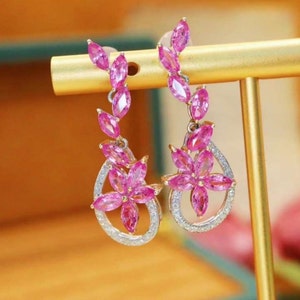 18k Solid White Gold pink sapphire earring dangles/Unique genuine Pink Sapphire earrings with diamonds/Flower pink Sapphire earrings for her