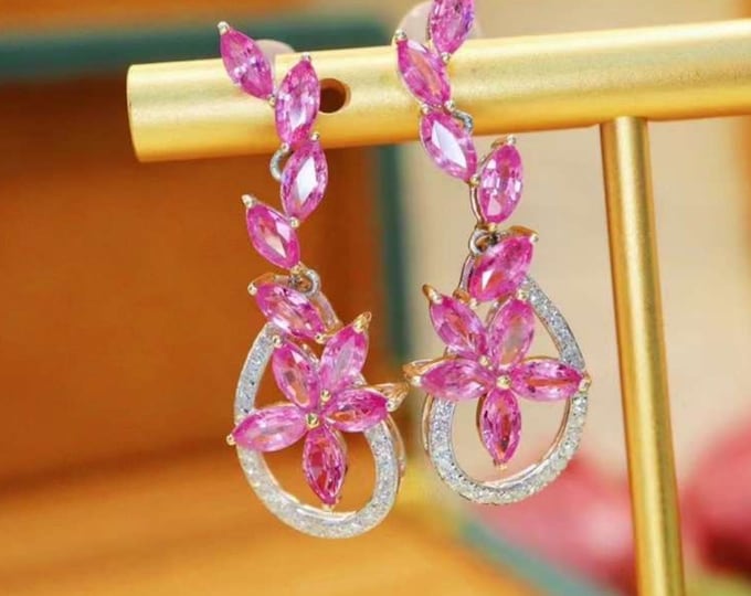 18k Solid White Gold pink sapphire earring dangles/Unique genuine Pink Sapphire earrings with diamonds/Flower pink Sapphire earrings for her