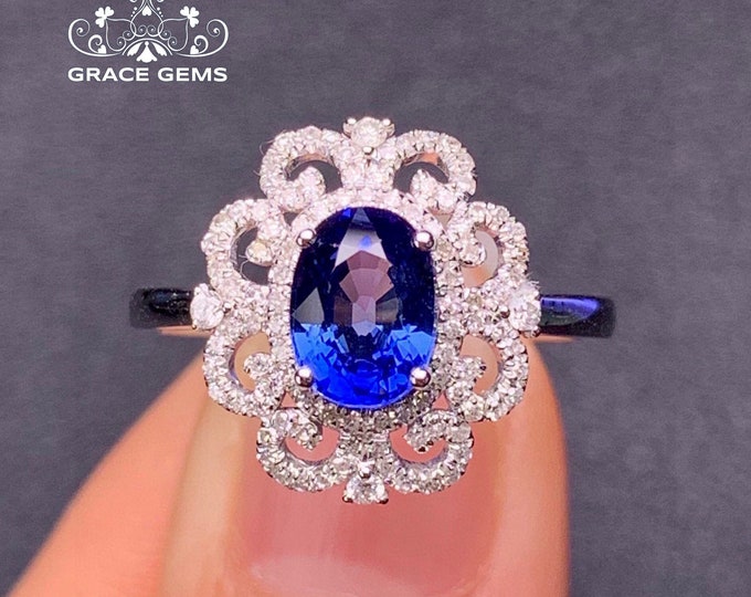18k celtic vintage antique sapphire ring/mid-century style natural sapphire ring with diamonds band/halo handmade ring for women bridesmaid