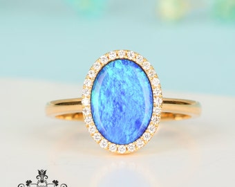 18k Gold Australian Opal Ring: Diamond Halo Engagement Wedding ring/Birthstone opal jewelry.Boho opal custom ring/Handmade opal fine ring