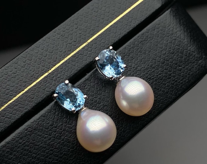 18k White Gold 8mm Akoya Pearl Earrings with Natural Aquamarines: Handmade Anniversary Jewelry/unique fine jewelry/Best birthday gift