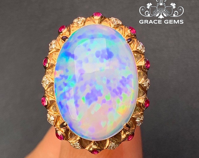 18K/14K Rose Gold Natural Ethiopian Opal Engagement Ring with Diamond&ruby/Unique Opal Gem made ring/Her Blue Opal Jewelry/Celtic Boho gift