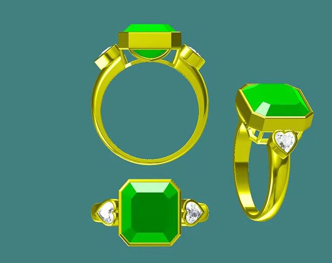 Custom Personalized Emerald Cut 4.9 Carat Tourmaline Engagement Ring in 18k14k Solid Gold with Two Heart Shape Moissanites/Unique Design